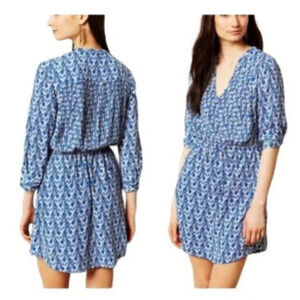 Maeve Anthropology Shirt Dress Size S Geometric Blue White Pull Tab Long Sleeve